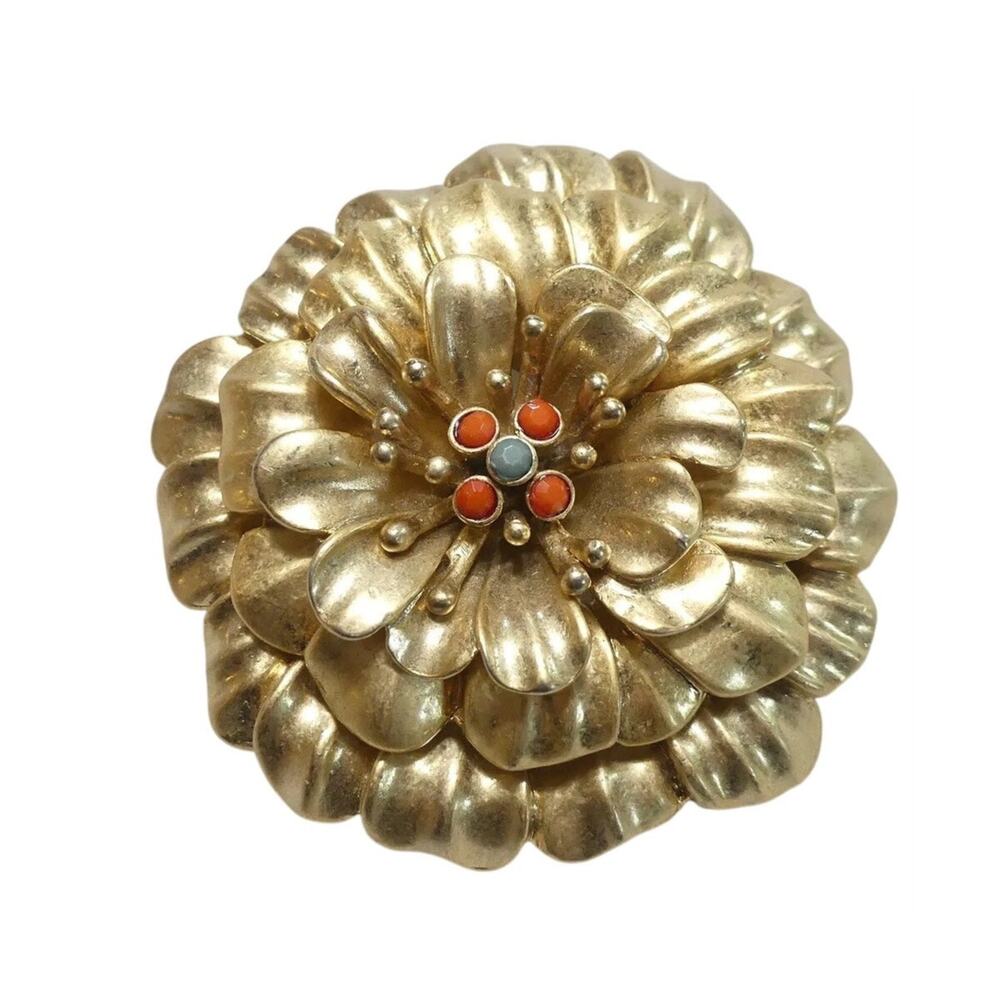 1960s Modernist Floral Brooch Gold, Coral, and Gray